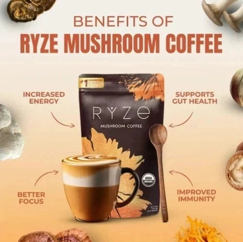 RYZE Organic Mushroom Coffee – 30 Servings Instant Coffee Mix | 1 Pack | Free Shipping
