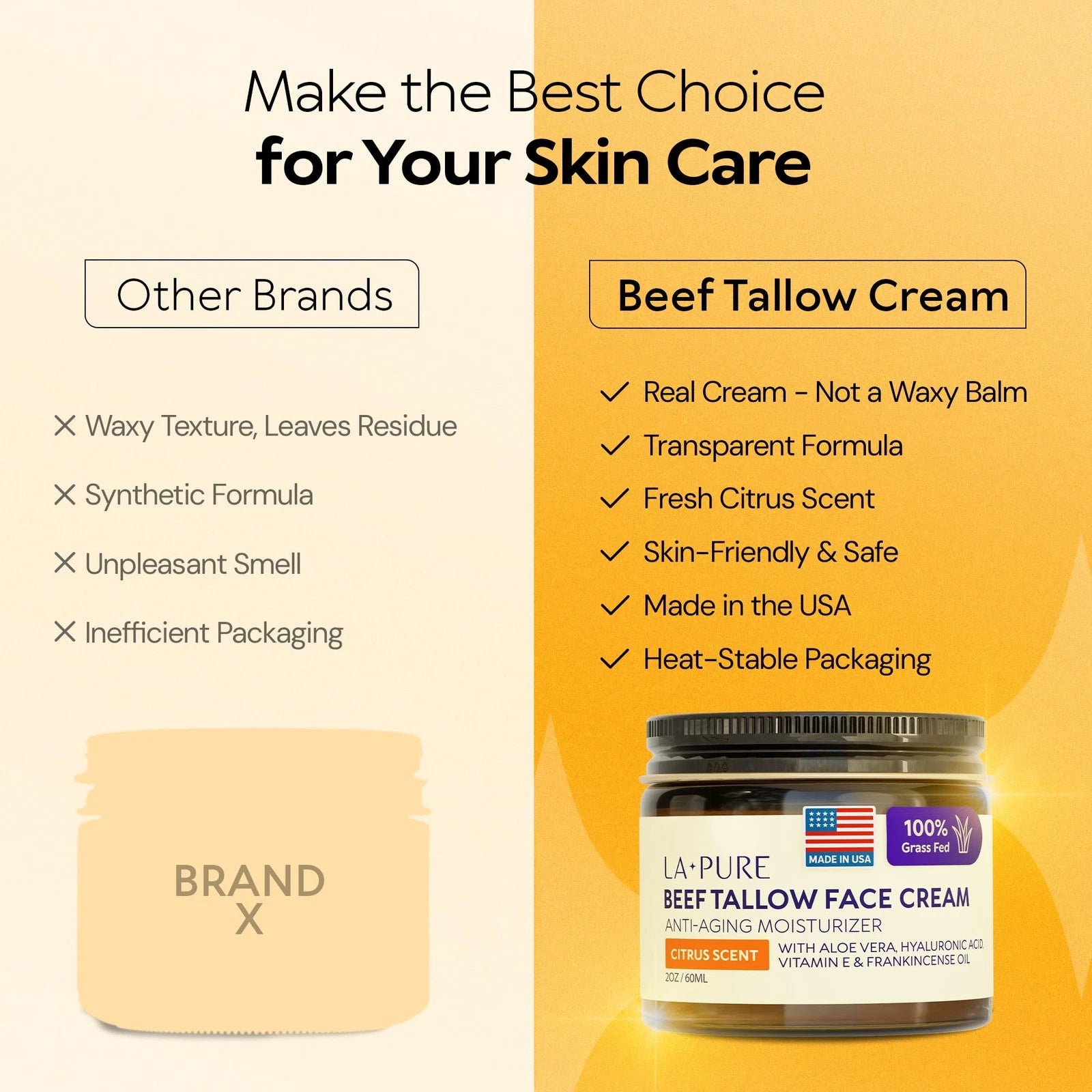 Beef Tallow Face Cream 4 oz Grass-Fed Aloe Vera & Hyaluronic Acid Deep Moisture