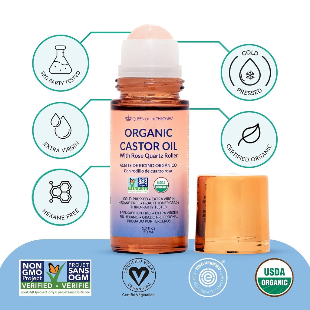Queen of the Thrones Organic Golden Castor Oil Roll-On Rose Quartz 3.38 oz
